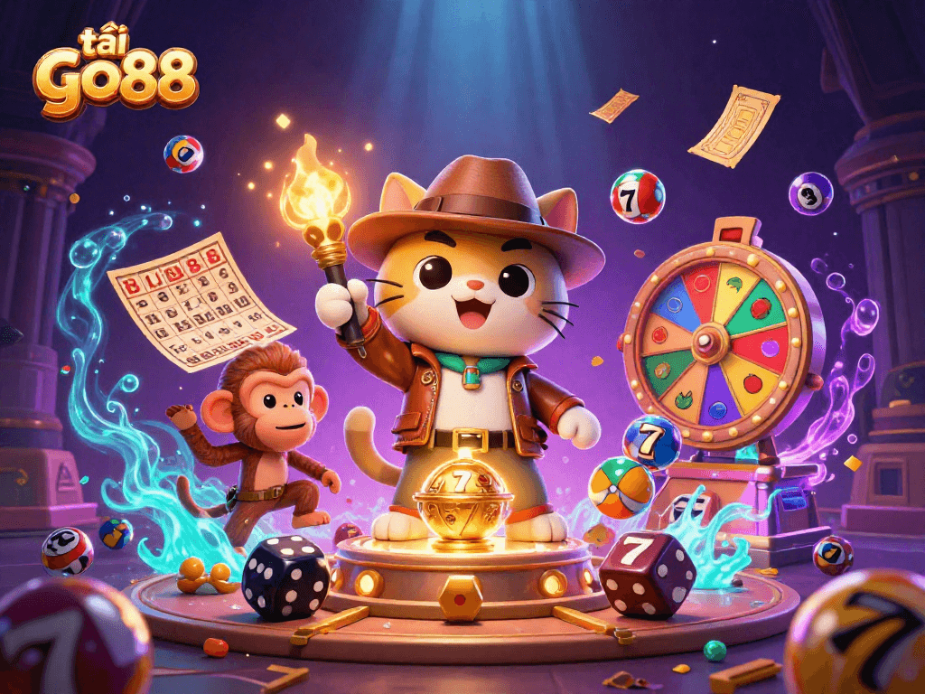 Engage with thrilling slots in a vibrant scene of tải go88, featuring an adventurous cat and treasure.