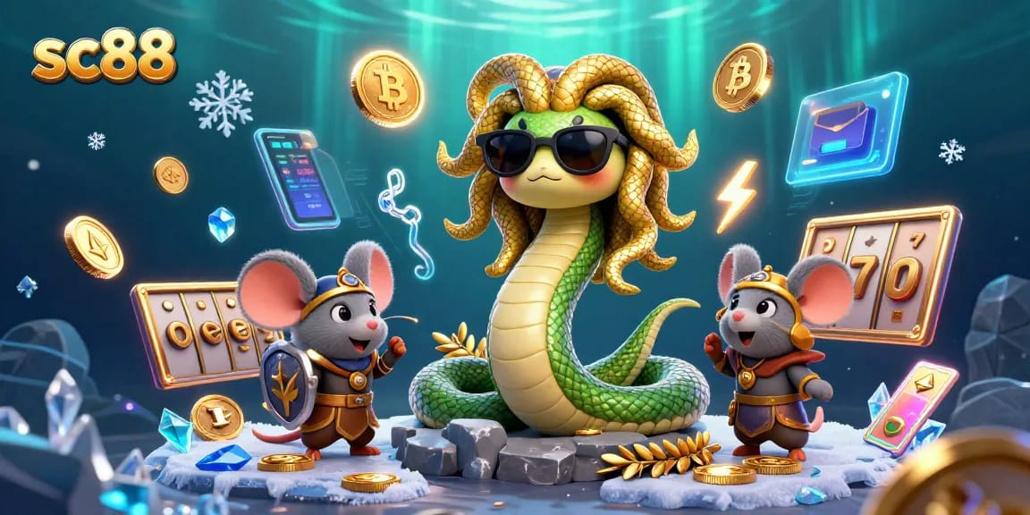 Spin to win with sc88's vibrant casino scene featuring Medusa and gaming elements.