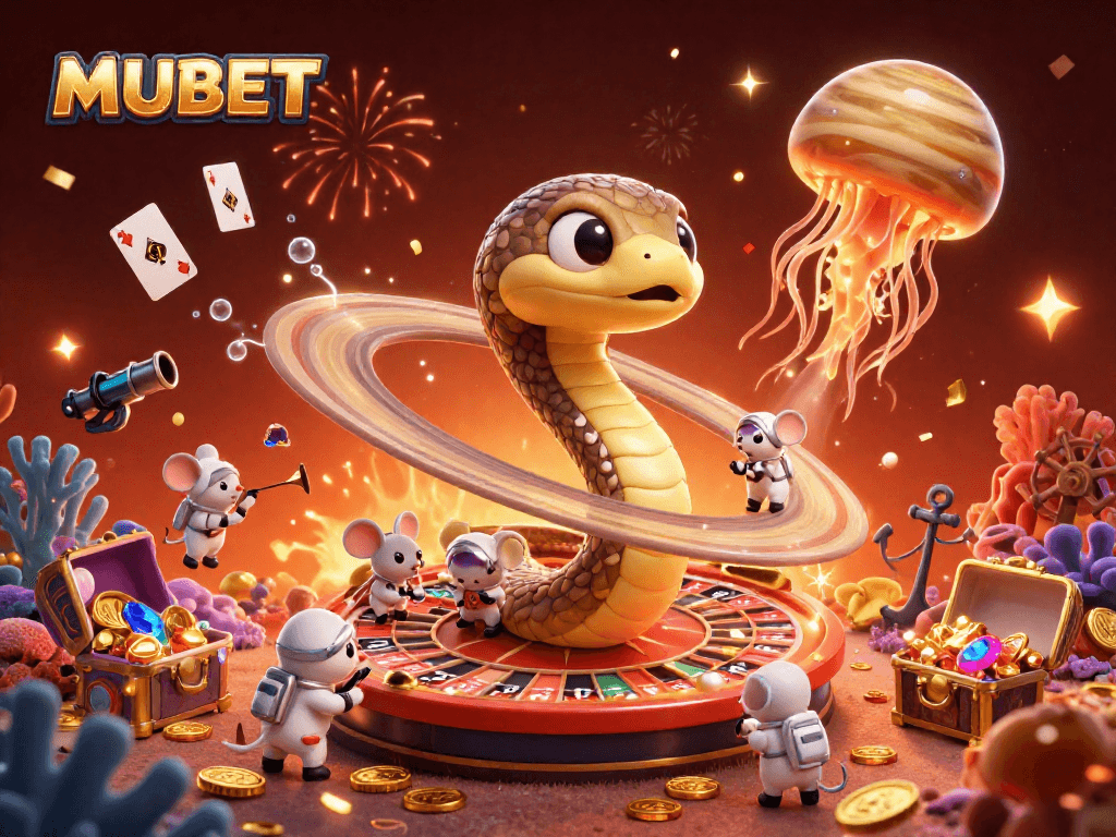 Experience thrilling betting action with MUBET's cosmic casino illustration featuring a roulette wheel and vibrant characters.