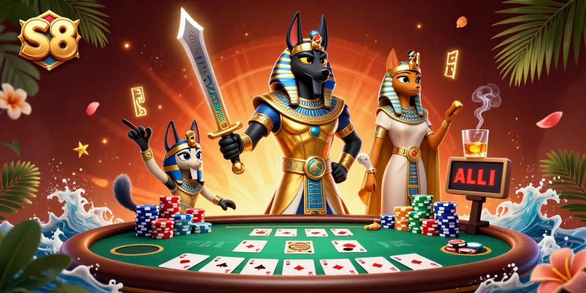 Play thrilling poker at S8 with Anubis and Bastet surrounded by poker elements and vibrant casino visuals.