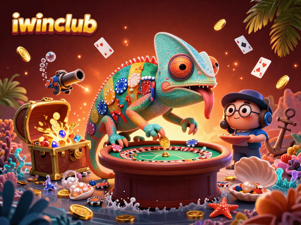Join the vibrant iwinclub casino scene with a colorful chameleon and dynamic game elements.