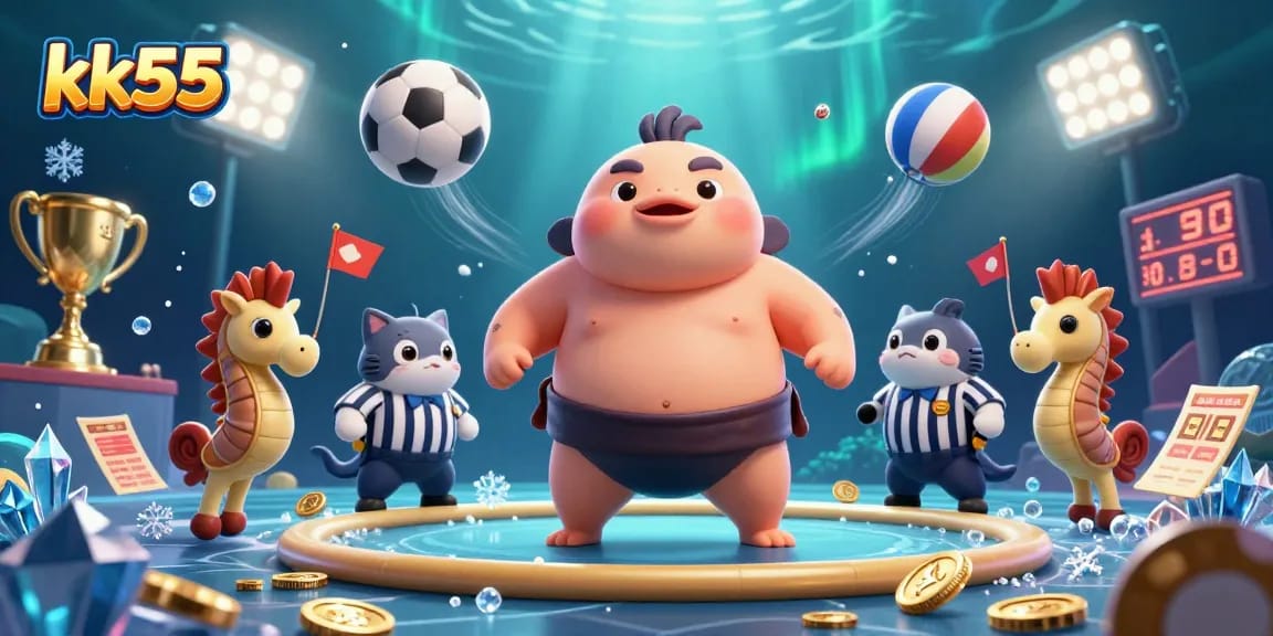 Bet big with kk55's dynamic underwater casino scene showcasing a fugu in a sumo outfit and festive elements.