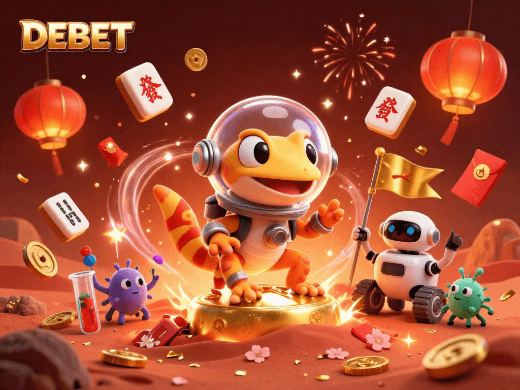 Play in the vibrant DEBET casino scene with Martian characters and glowing symbols.