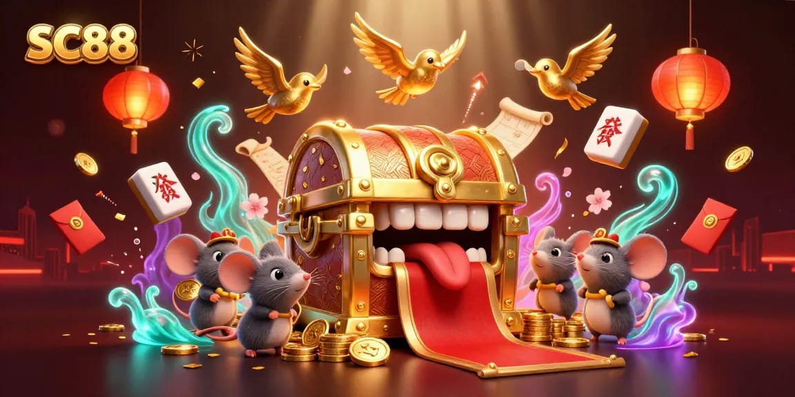 Engage with the excitement of SC88 as adventurer mice approach a treasure chest surrounded by vibrant casino elements.