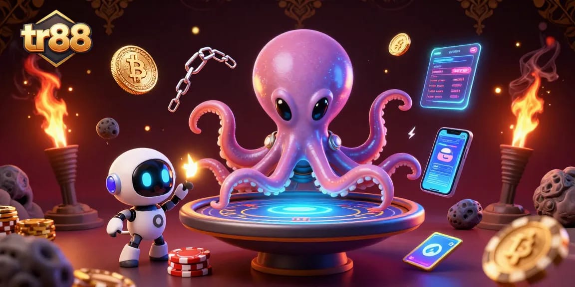 Tr88 online casino featuring a 3D alien octopus playing poker amidst glowing crypto elements.