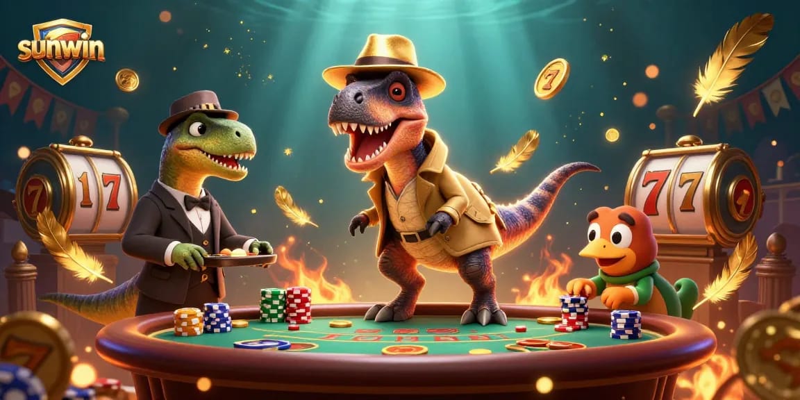 Engage in thrilling gameplay with sunwin at a blackjack table featuring vibrant dinosaurs and game elements.