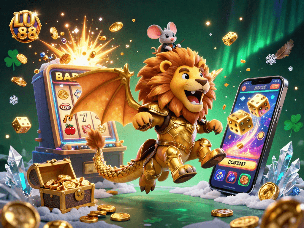 LU 88 showcases an exciting casino experience with a chimera and mouse jockey amidst thrilling jackpots and gaming elements.
