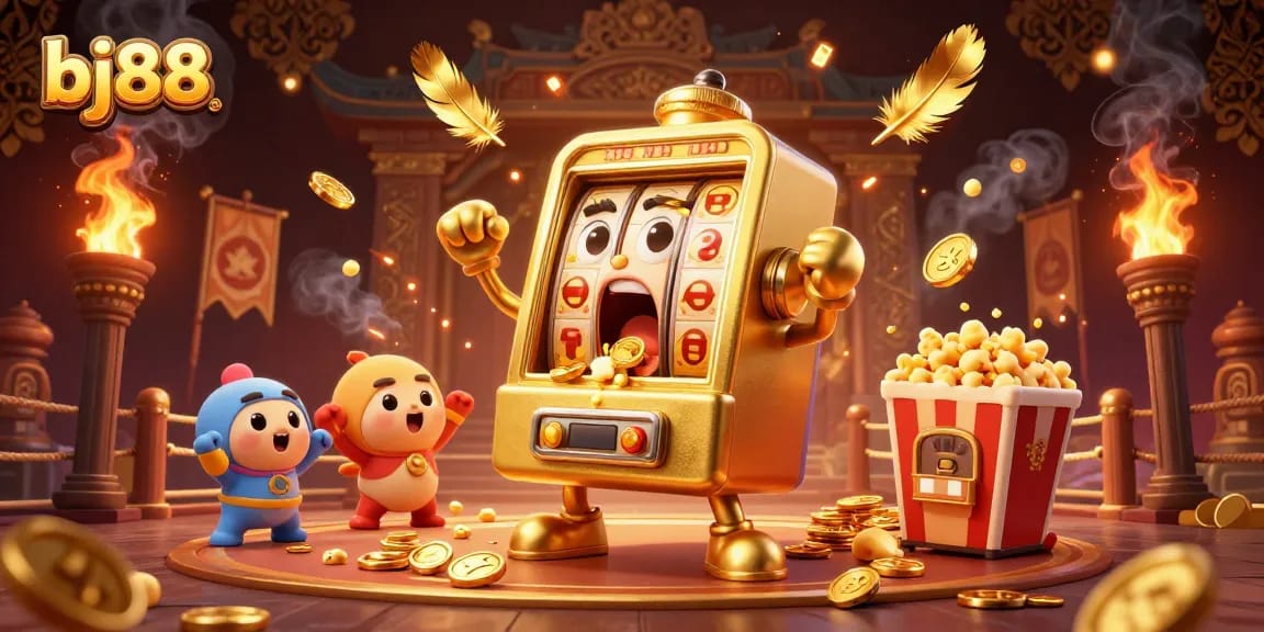 Experience bj88 with vibrant slot machines celebrating a jackpot amidst a lively casino scene.