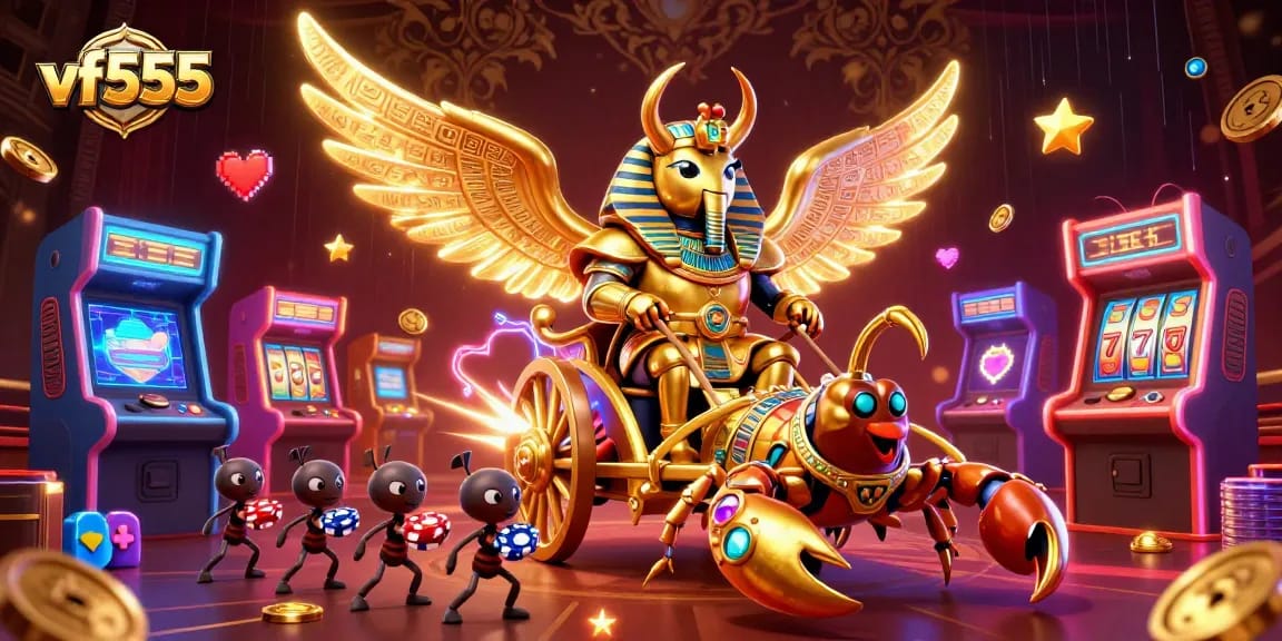 Engage with VF555's colorful gaming scene filled with high-energy poker action and vibrant casino elements.