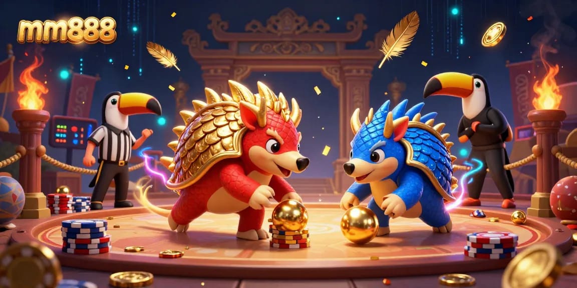 Experience thrilling betting action at mm888 with rival pangolins rolling golden balls through poker chips.