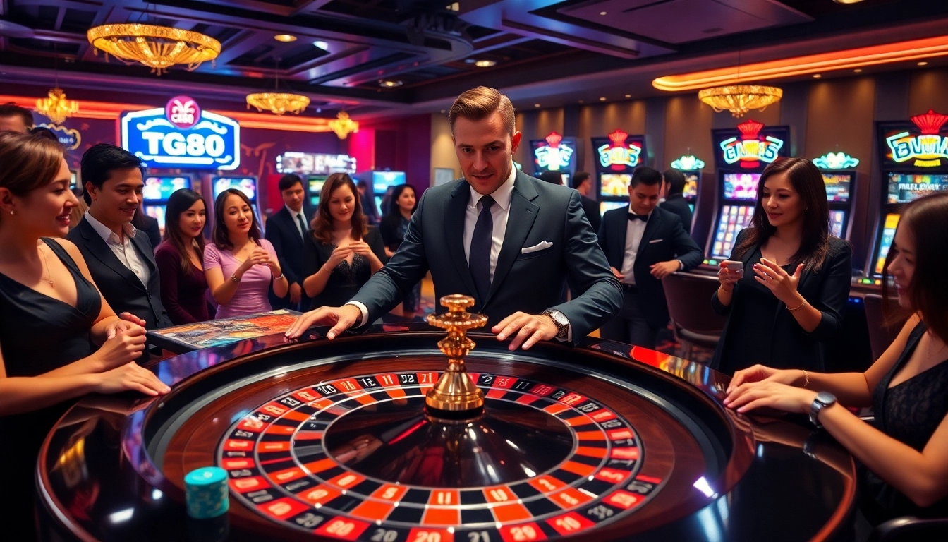 Exciting casino scene showcasing players engaging at the roulette table, highlighting the TG88 online gambling experience.