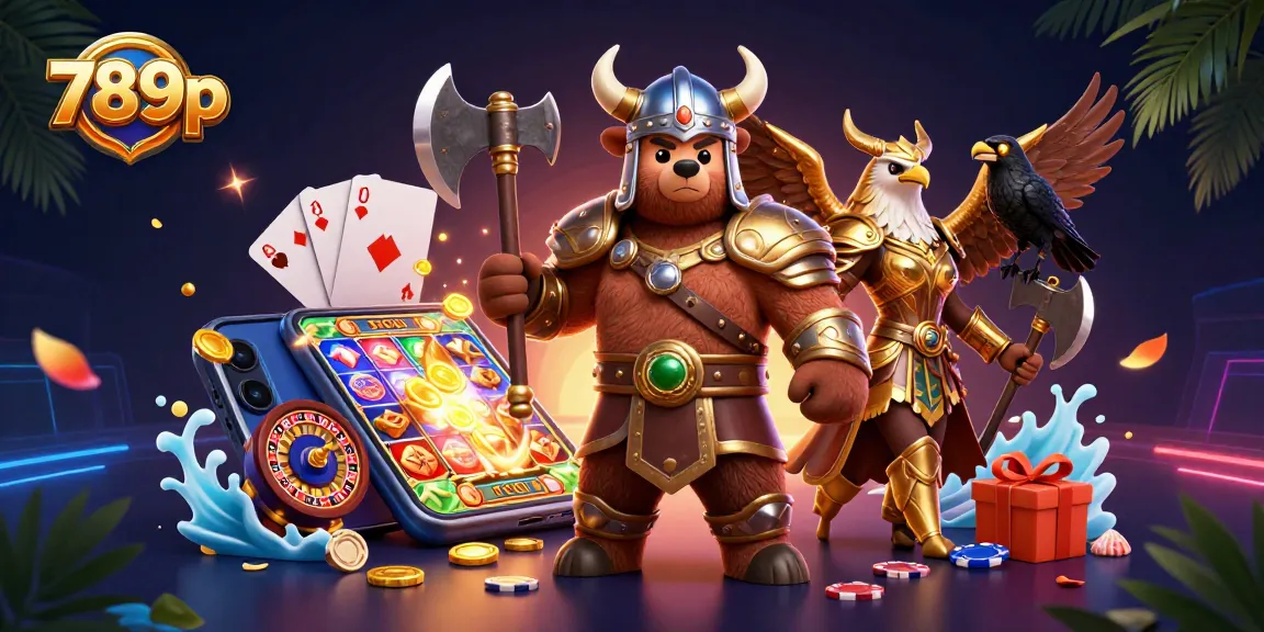 Engage in thrilling slots at 789p with a dynamic scene featuring Viking characters and vibrant casino elements.