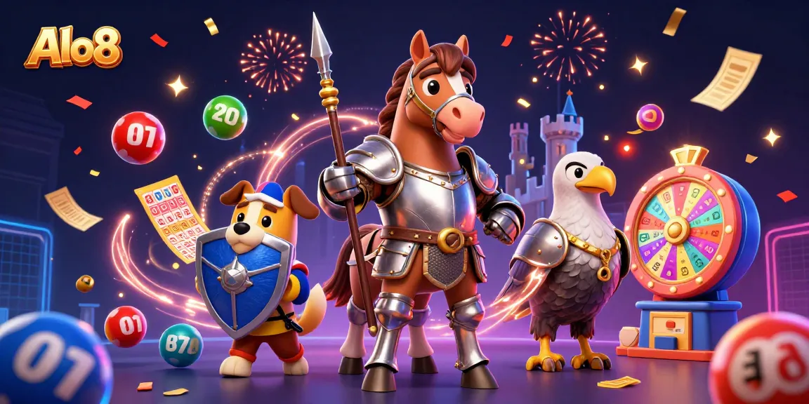 Alo8 showcases an exciting lottery scene with dynamic characters and colorful game elements.