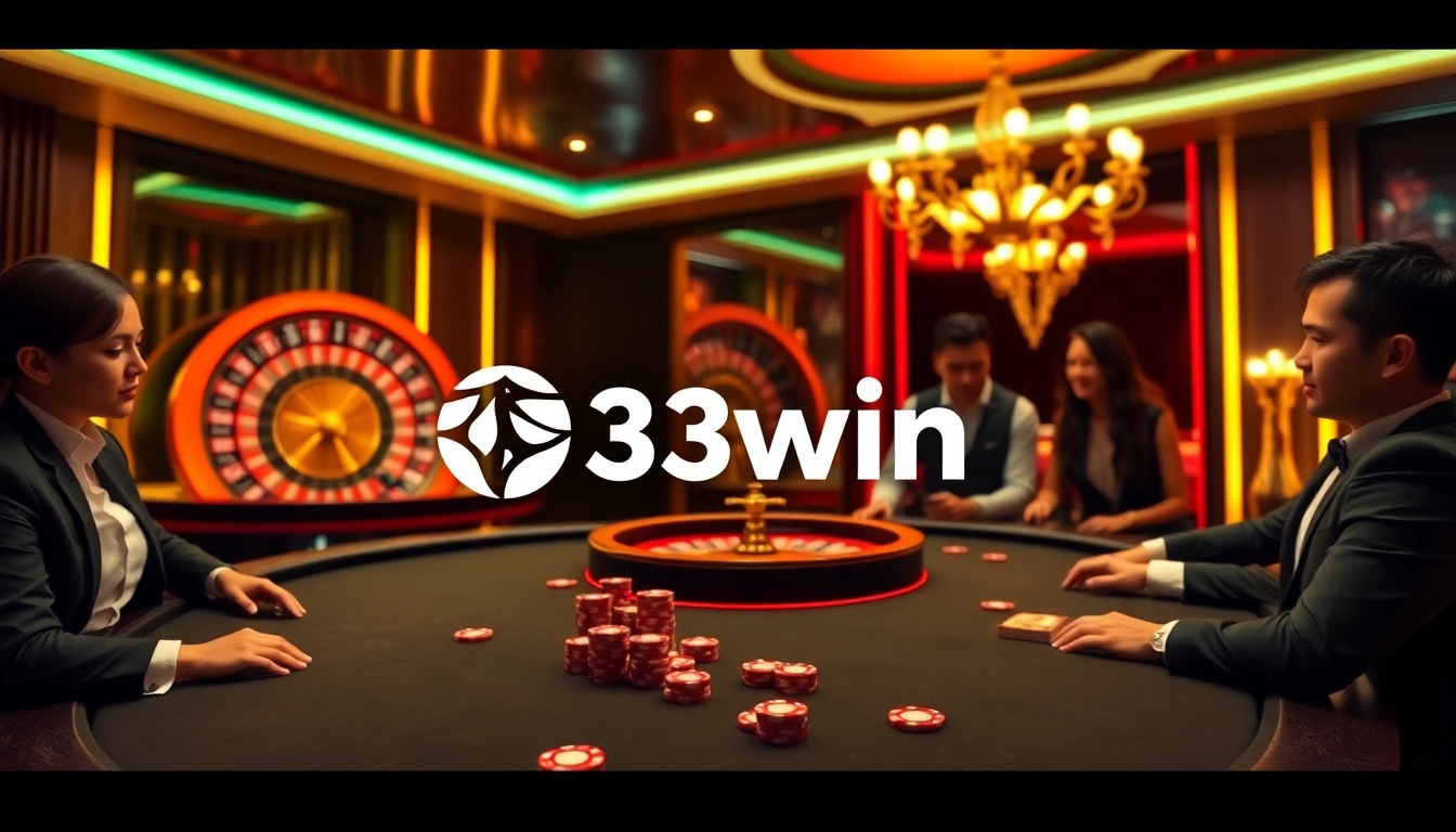 Engaging poker table scene with 33win branding, showcasing luxury and excitement in online gambling.