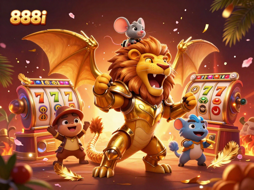 Experience excitement with 888i as the roaring chimera and mouse jockey grace a vibrant casino scene filled with slot reels.