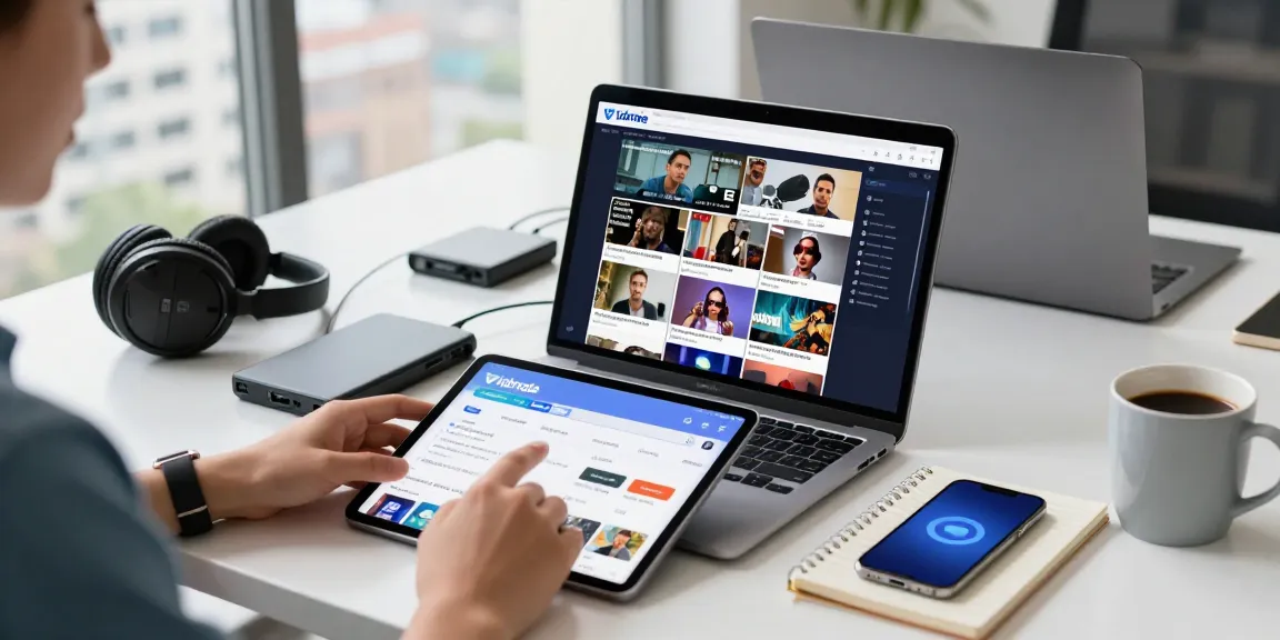 Downloading videos with Vidmate app on tablet in a modern workspace