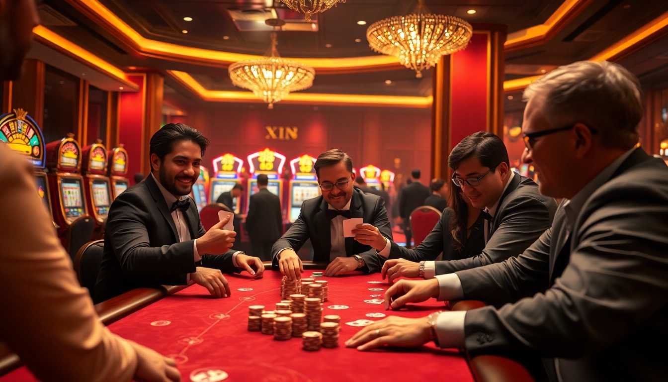 Gamblers experiencing thrill at Xin 88 casino with poker chips and vibrant slot machines.