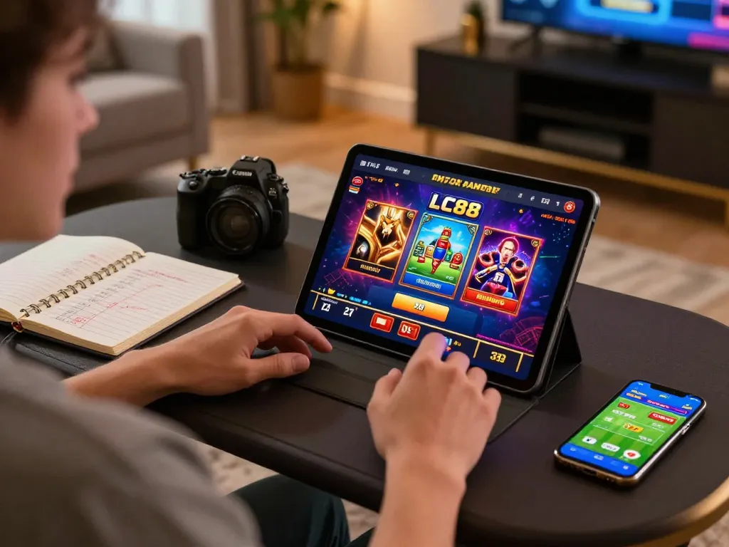 Engaging in online casino gameplay on LC88 platform from a cozy home setup.