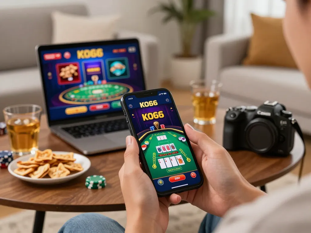 Player engaging with KO66 app for live casino action, showcasing excitement in their home.