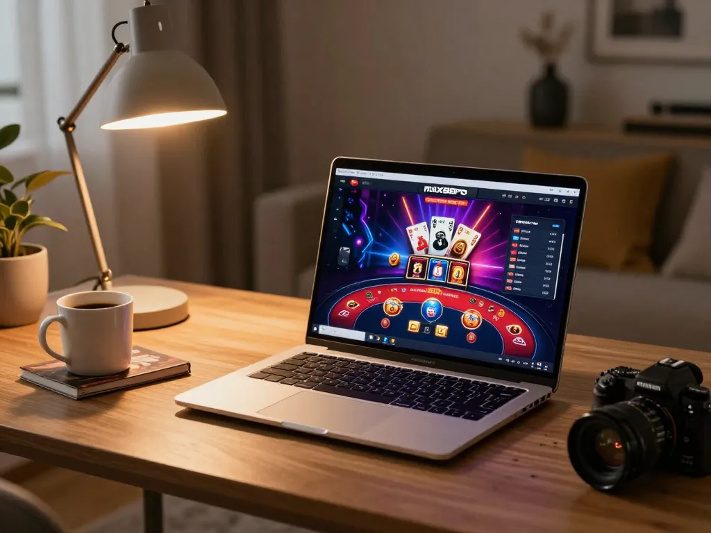 Players engaging with max88pro casino games on a sleek laptop at home, creating a vibrant gaming atmosphere.