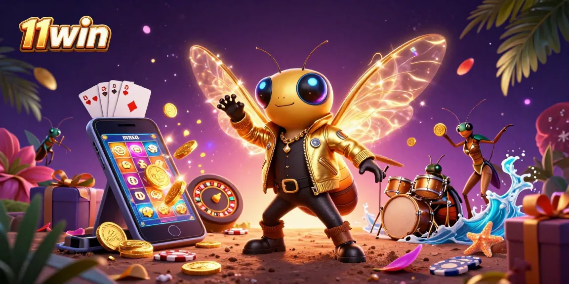 Engage with 11win's vibrant 3D illustration featuring a rock star cicada in a casino-themed scene.