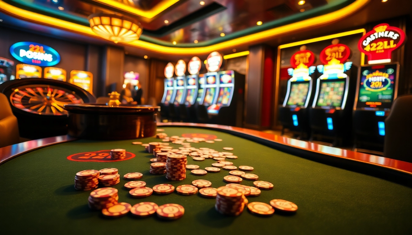 Exciting scene of a vibrant poker table in action highlighting 22JL casino elements.
