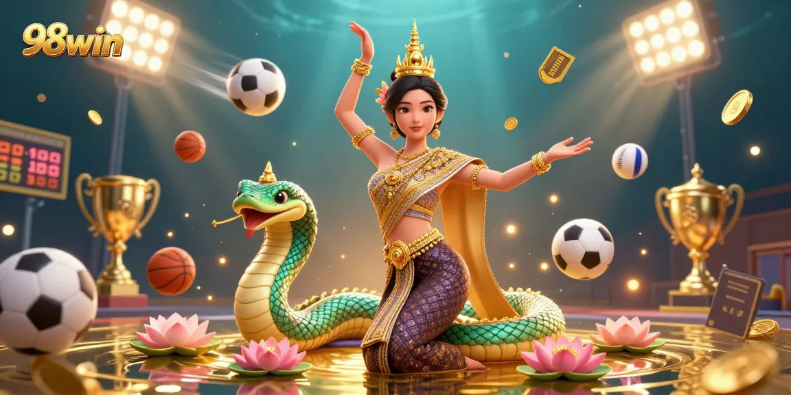 Win big with 98win at a vibrant online casino featuring colorful characters and dynamic sports elements.