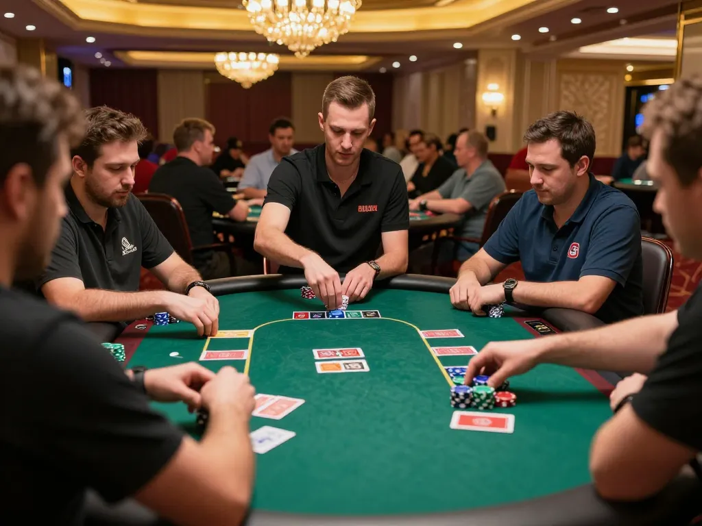 red888 poker players competing in an upscale casino tournament with cards and chips