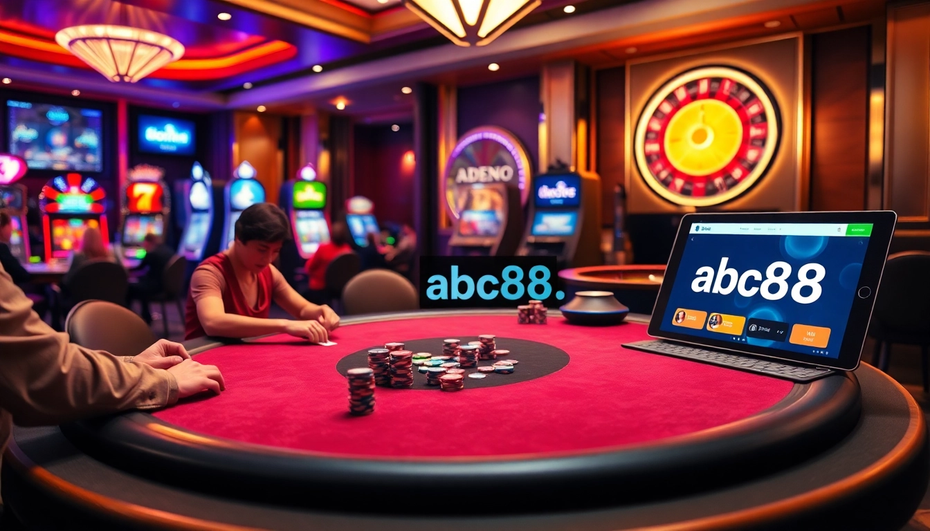 Experience the thrill of playing at abc88.app with vibrant poker tables and glowing slot machines.