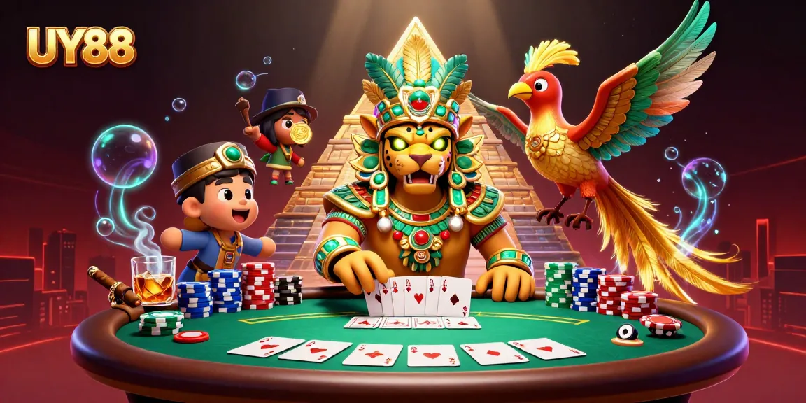 Engage with UY88's vibrant gaming atmosphere featuring a Mayan jaguar priest and quetzal bird!