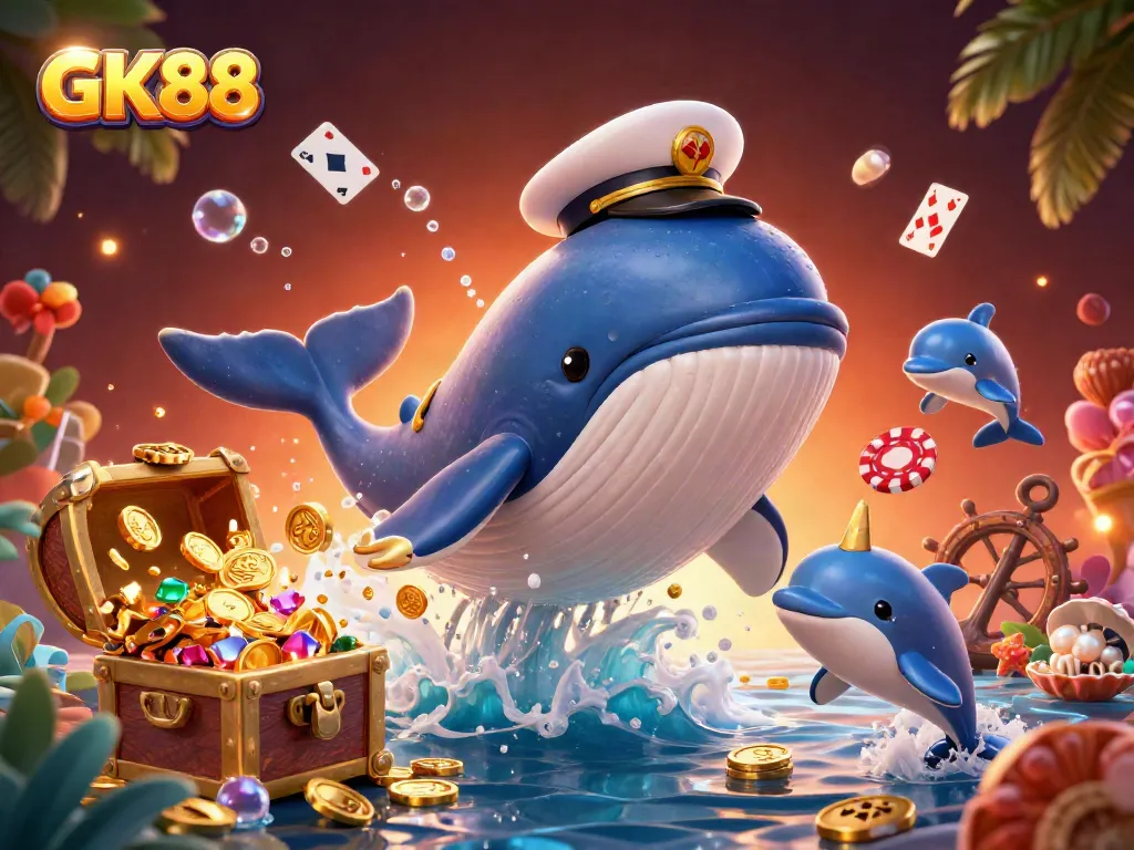 Engage in exciting betting action with GK88's vibrant illustration of a whale and playful dolphins amidst coins.
