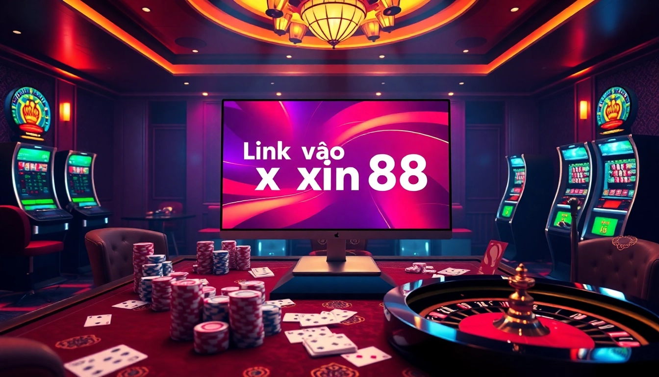Experience premium gaming with "Link vào xin88" prominently displayed on a casino screen surrounded by chips and cards.