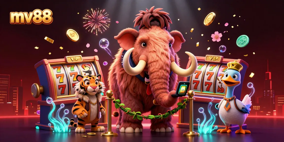 Engage in thrilling action at mv88 with a vibrant casino scene featuring a woolly mammoth bouncer and lively elements.