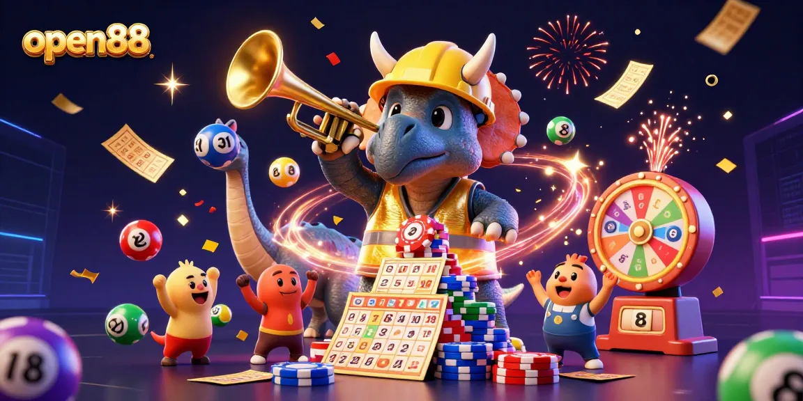 Experience open88's dynamic celebration with a triceratops building poker chips and vibrant lottery elements.