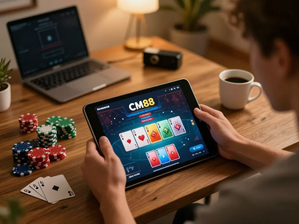 Player enjoying online poker on CM88, showcasing vibrant cards and strategic gameplay.