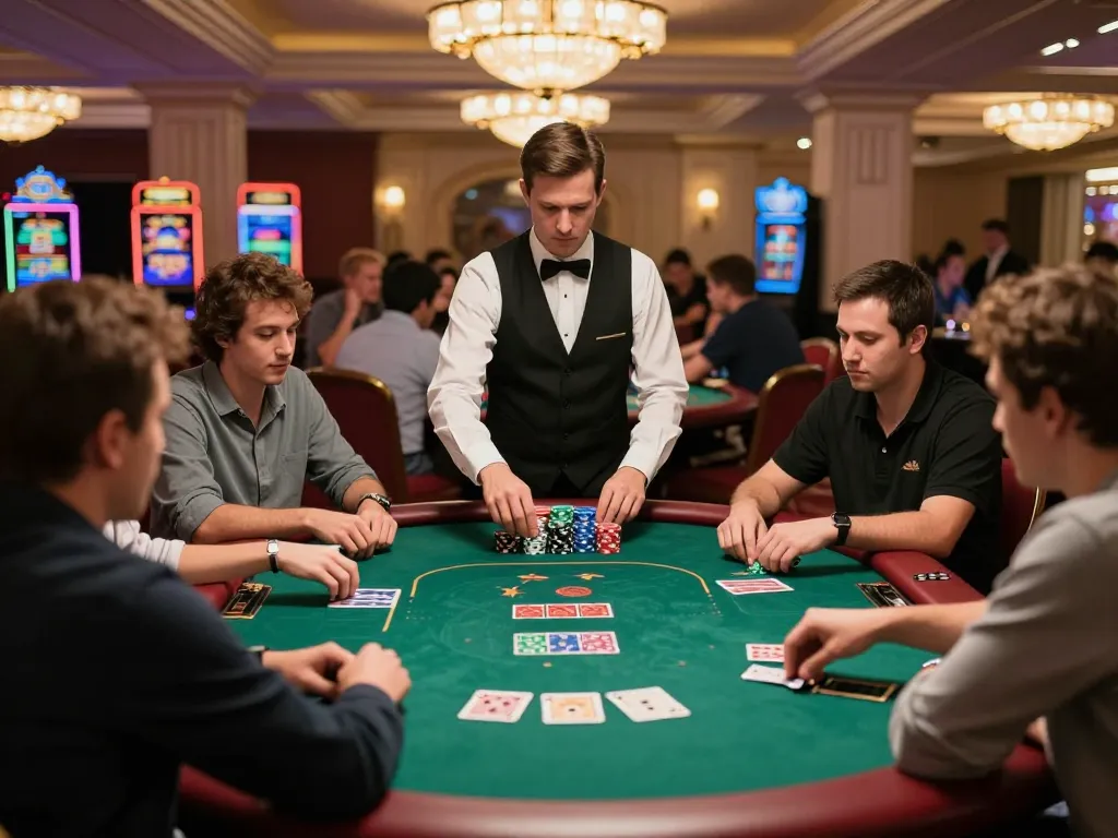 Intense poker gameplay at an upscale casino showcasing i9 bet strategies as players engage in competitive betting.