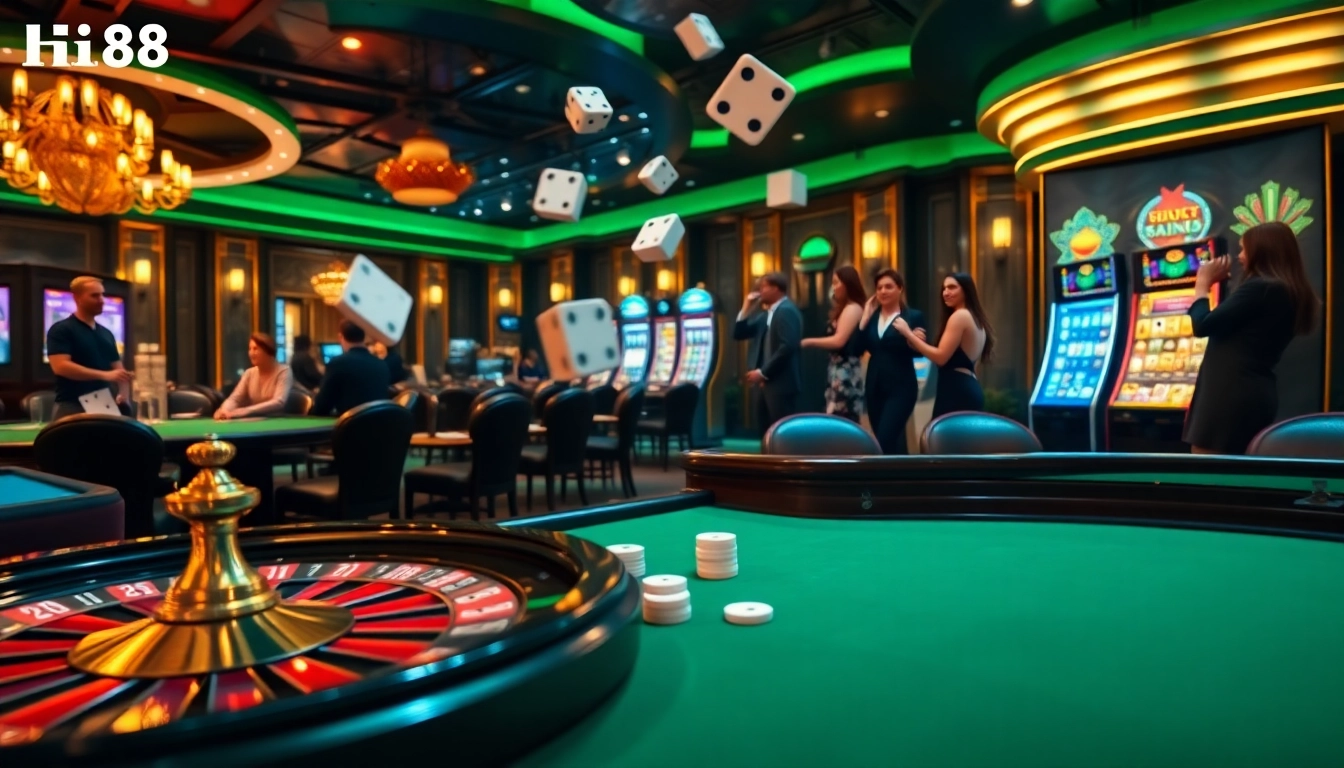 Hi88 players enjoying dynamic casino games with chips, cards, and a roulette wheel.