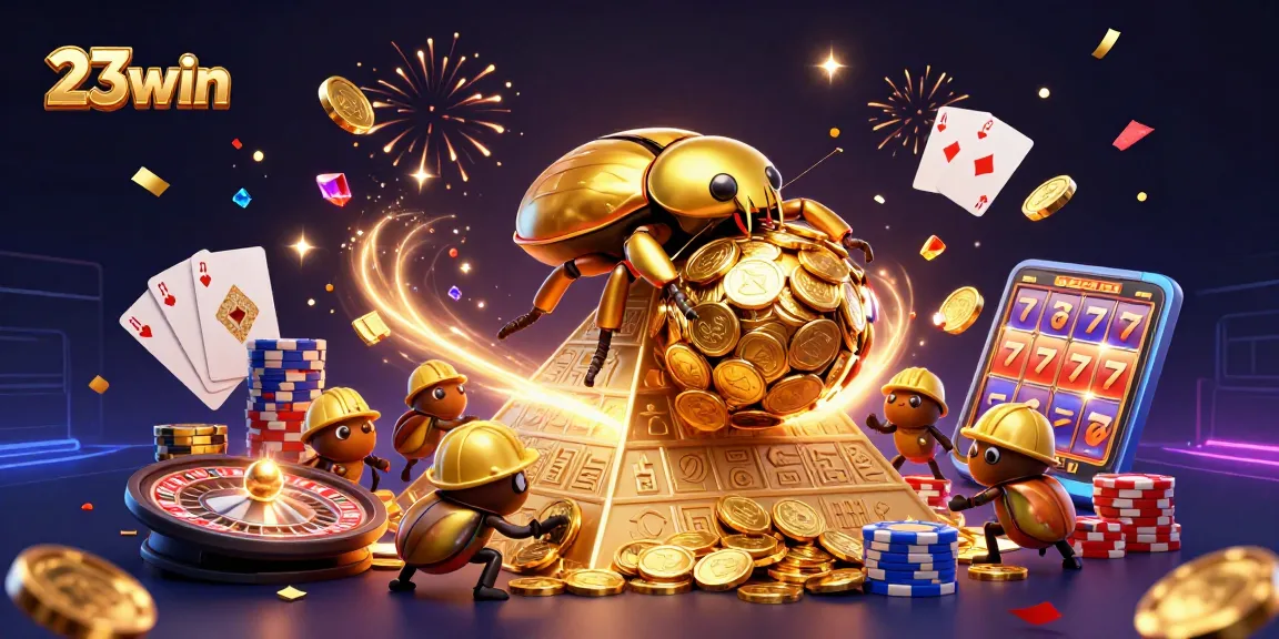 Experience thrilling 23win gaming with a dynamic scene of golden beetles and casino symbols.