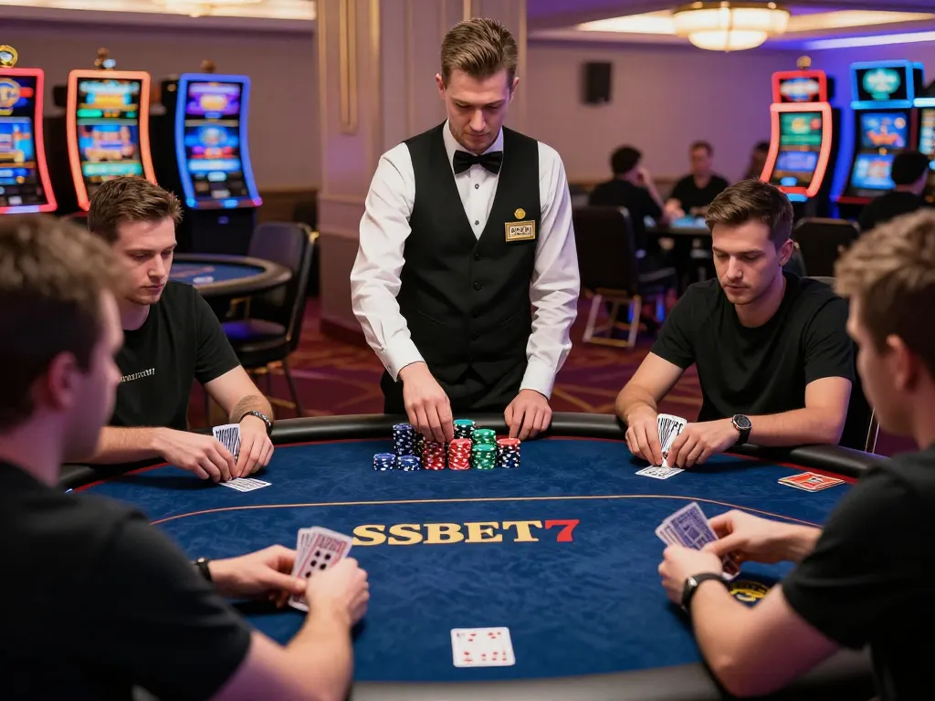 Players strategizing their next move at the SSBET77 poker table, showcasing intense focus and vibrant casino atmosphere.