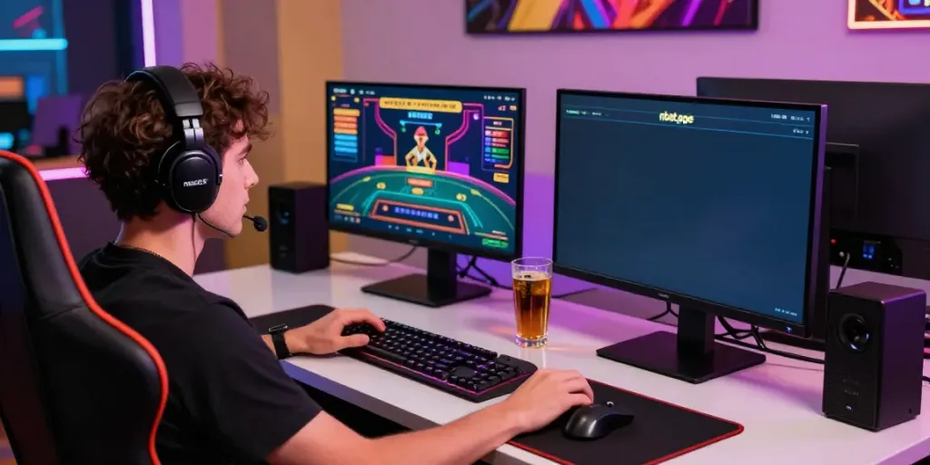 Engaged gamer at dual monitors in a stylish gaming setup, promoting nbet.page.