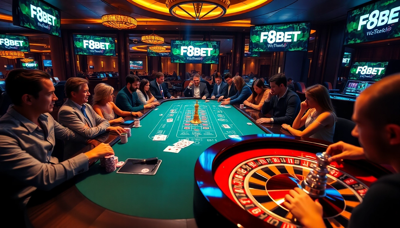 F8BET casino scene with vibrant gaming table, cards, and chips reflecting high stakes excitement.