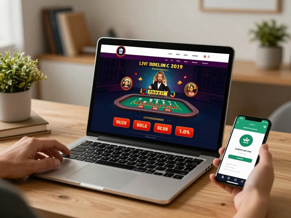 Engaging scene of online gaming with a vnloto me app on a smartphone alongside a laptop showing live dealer games