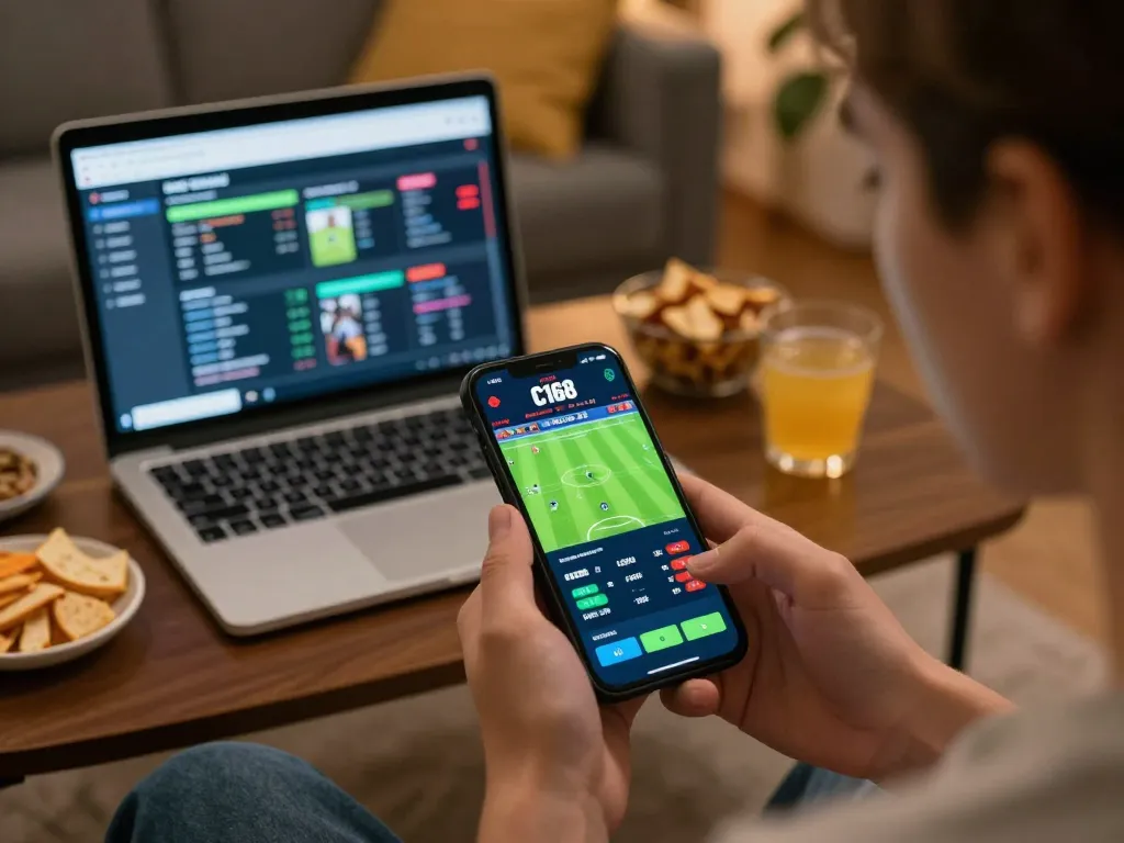 Engaging sports betting action on C168 app, focused user analyzing live odds in cozy home setting