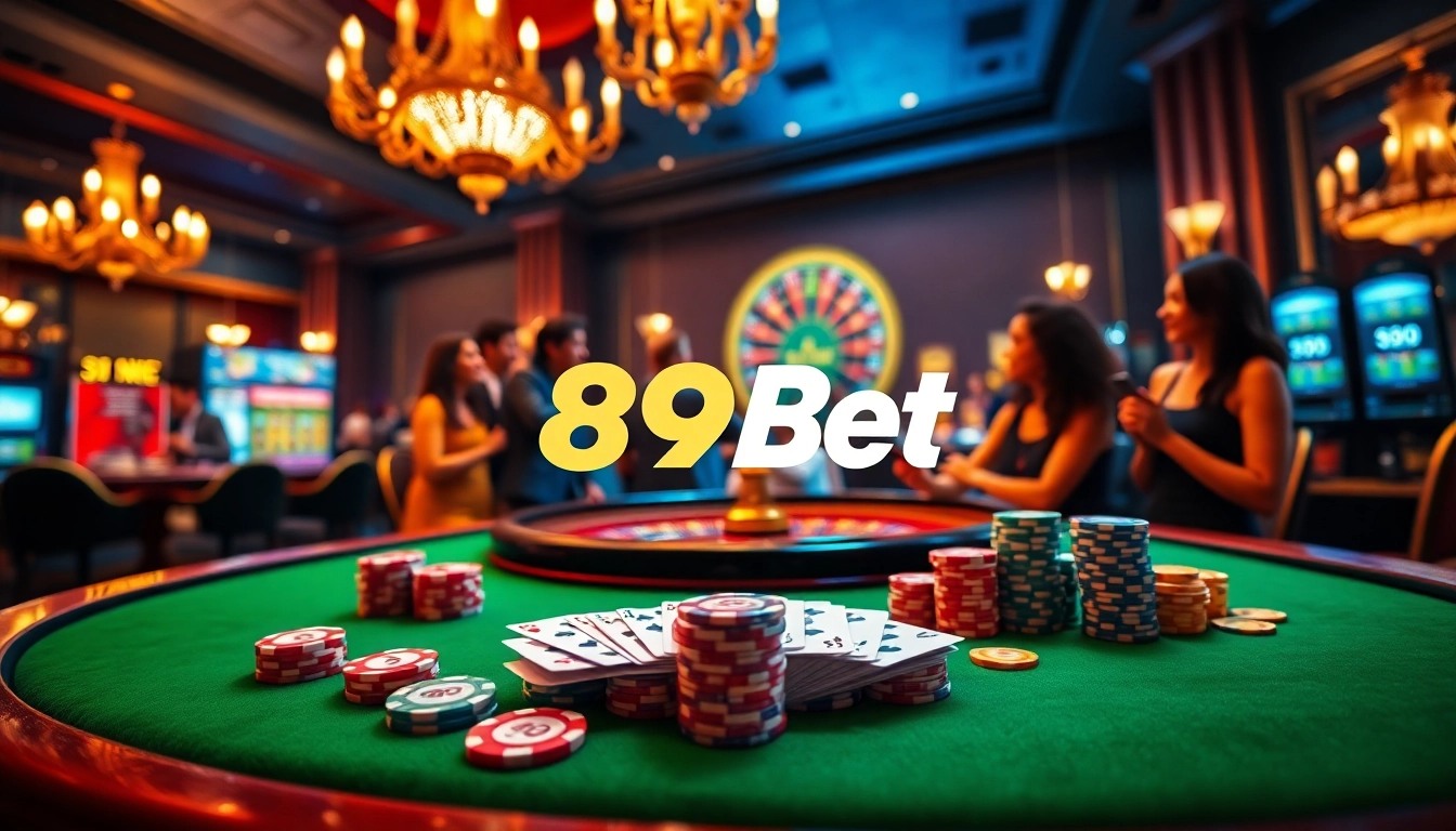 Experience the thrill of gambling at 89Bet with vibrant casino elements, including poker chips and a roulette wheel.