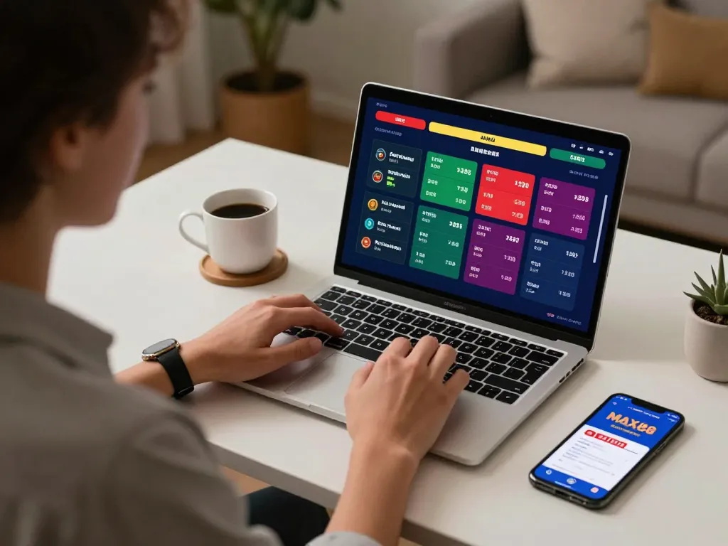 Make strategic bets with MAX88's online sports betting interface visible on a laptop screen.
