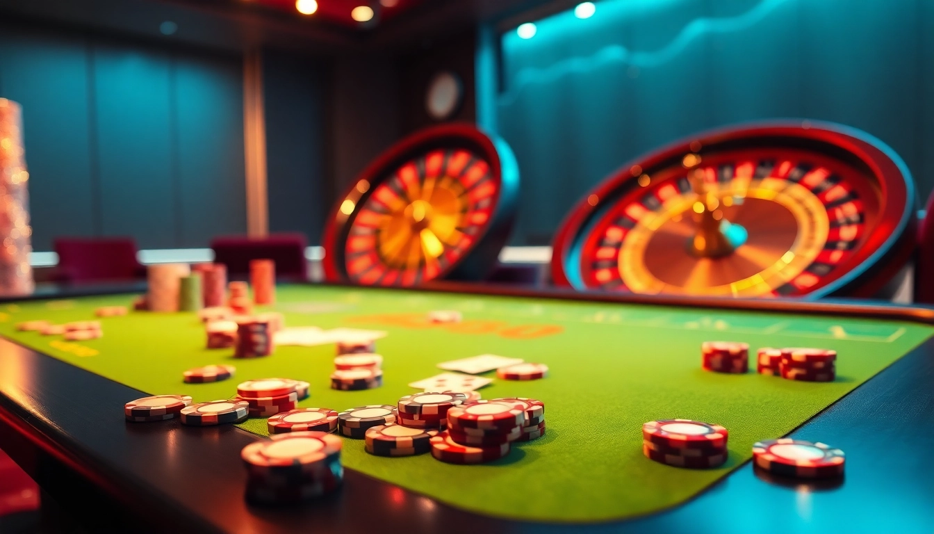 Enjoying a thrilling game at https://8kbet17.com/, with colorful chips, cards, and a roulette wheel in a luxurious casino setting.