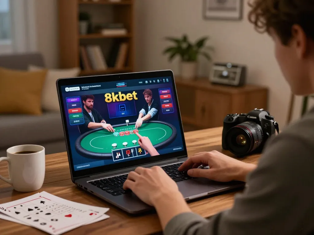Player engaged in poker at 8kbet online casino from cozy home setup.