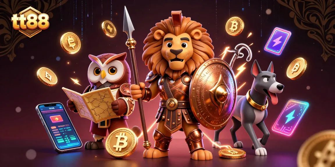 Experience the thrill of tt88 with a heroic lion, wise owl, and swift greyhound in this vibrant casino scene.