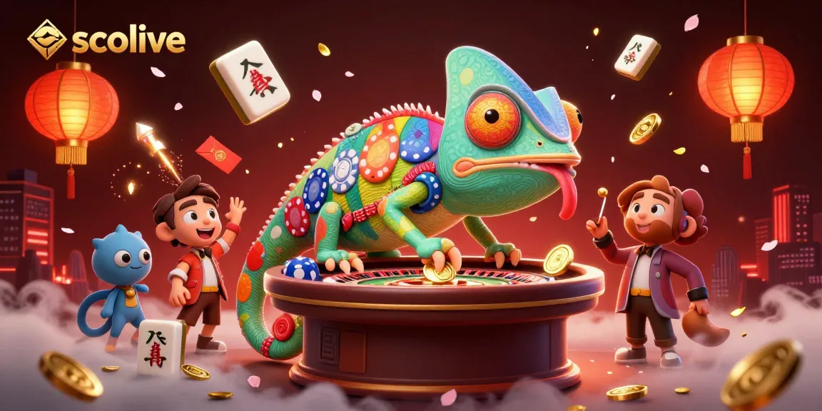 Socolive energizes your betting experience with dynamic visuals of a chameleon casino owner surrounded by vibrant gambling elements.