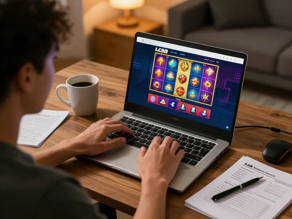 Playing LC88 online slots on a laptop in a cozy home setup, emphasizing responsible gaming.